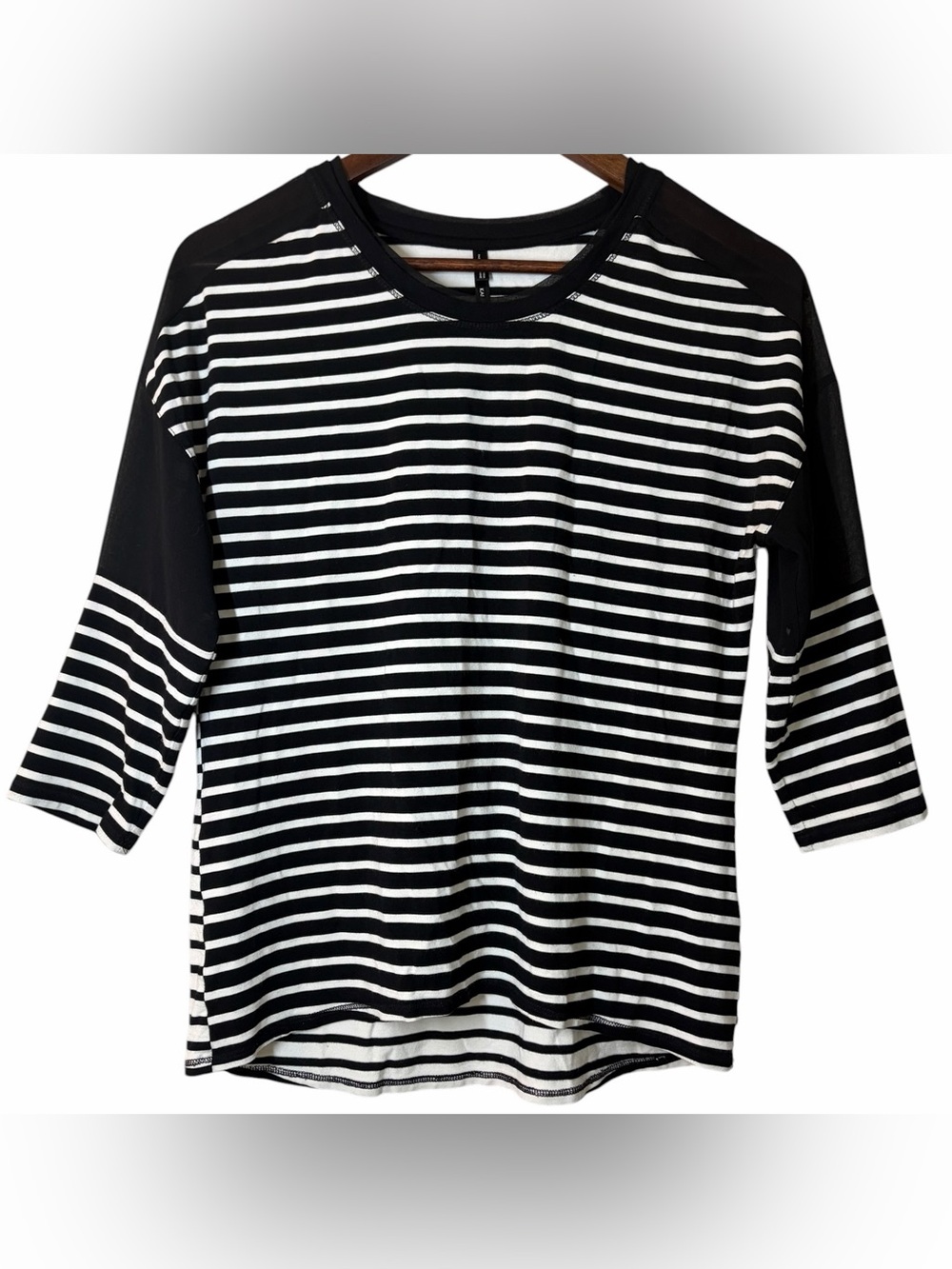Karen Millen Black White Striped Top Blouse Sheer Mesh Panels Size 6 French Girl